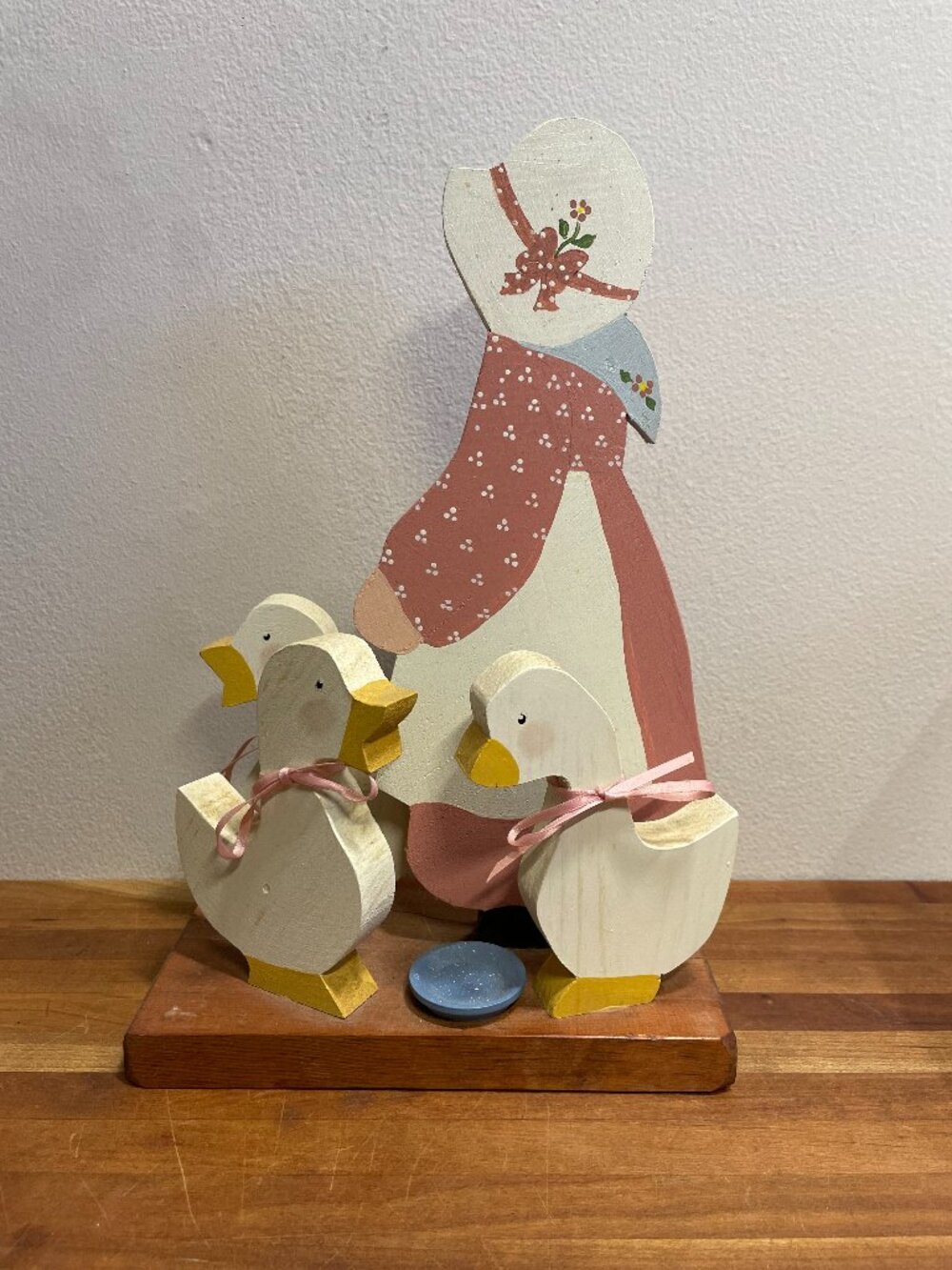 Vintage Wooden Farm Girl Feeding Ducks